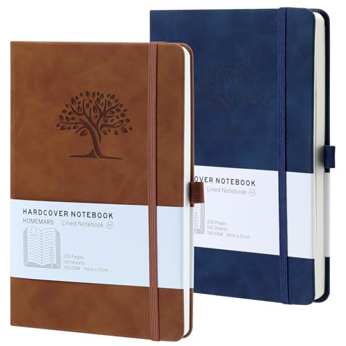 Notizbuch, Notebook, Notizbuch A5, Journal buch, Reisetagebuch, Notizbuch Liniert A5, Notizblock, Notizbücher A5, 100GSM, 200Pages, 2 Stück, Reisetagebuch, Notizbuch Leder, Prägebaum Design,Braun Blau von HOMEMARS