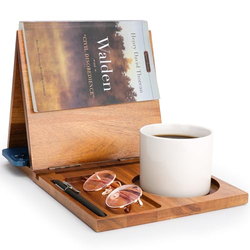 HOMEWIS Buchständer für Leseständer, Holzbuchseitenhalter, dreieckige Buchecke mit Tasse, Gläser und Stifthalter, Kaffee- und Buchliebhaber-Geschenke (Hellbraun) von HOMEWIS