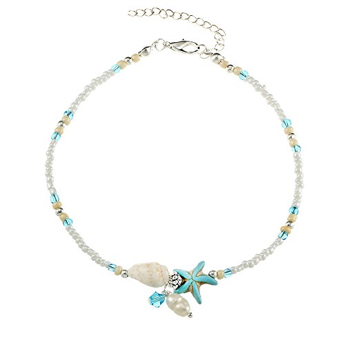 HOMEYU® Damen Fußkettchen Weiß Mini Perlen Blau Stein Seestern Glasperlen und Perlenkette Fuß Strand Schmuck Charm Fußkettchen von HOMEYU