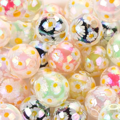 20 Stück Gänseblümchen-Perlen für Stifte, 16 mm, Acrylperlen für Schlüsselanhänger, Perlenstifte, Gänseblümchen-Druck, Stiftperlen für Stiftherstellung von HOMICO