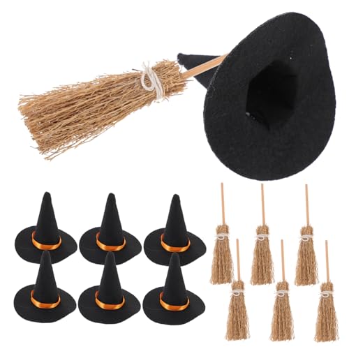 HOMOCONO 7er Set Mini Hexenhüte Und Mini Hexenbesen Halloween Dekorationen Für Kreative Hexenhandwerke Ideal Für Halloween Partys Und Bastelprojekte von HOMOCONO