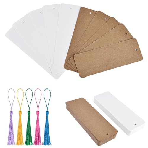 HOMURY 100 Stück Blanko Lesezeichen Set, Kraftpapier DIY Lesezeichen mit 100 Stück Bunte Quasten, Weihnachten Lesezeichen Basteln Set mit Löchern, für Basteln Dekorieren, DIY Notizbuch von HOMURY