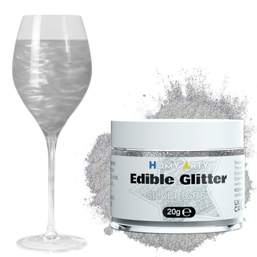 HOMY ARTY Essbares Glitzer, geschmacklos essbare Glitzerpulver, Glitzer Essbar für Torte, Glitzer Essbar Getränke für Ostern, Weihnachten, Oktoberfest Party, Cocktails, 20g/Dose - Silber von HOMY ARTY