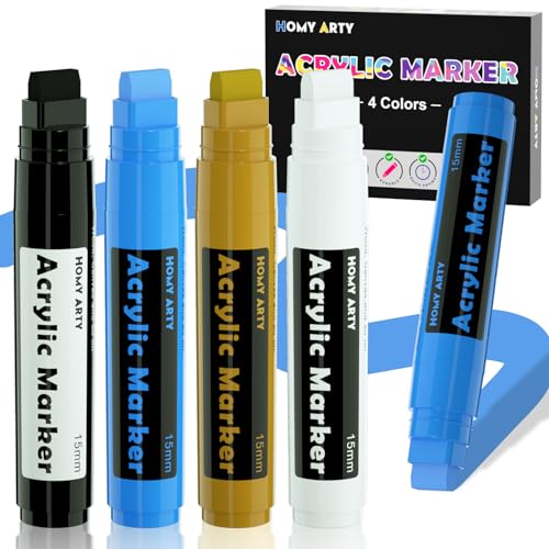 HOMY ARTY Acrylstifte 15mm Breit, Permanent Acrylfarben Stift, Wasserfeste Farbstifte Stift für Steine, Schilder, Kalligraphie und Gemälde im Freien (4 farben) von HOMY ARTY