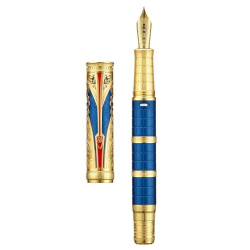 Hongdian D5 Qin Dynasty Füllfederhalter Blau Gold Feine Feder Kolbenfüllstift Retro Chinesische Totem Gravur Glattes Schreiben Füller mit Stiftebox Set von HONG DIAN