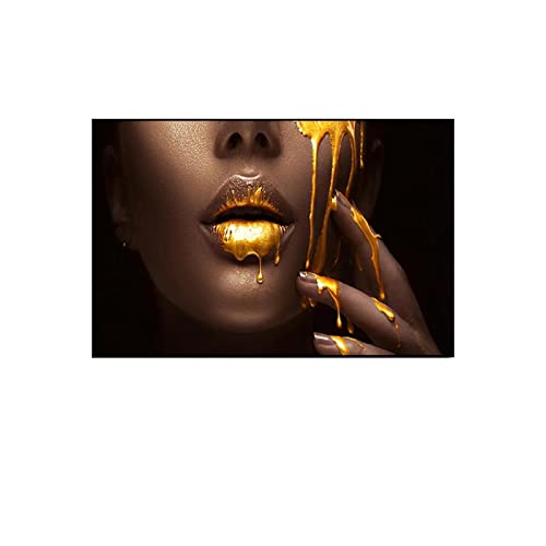 HONGC Golden Sexy Lips Kunst Poster und Drucke auf Leinwand Wandbild für Wohnzimmer, groß, afrikanische Frau, Gesicht, Leinwand 50x70cm/19.6"x27.5" ohne Rahmen - 18 von HONGC