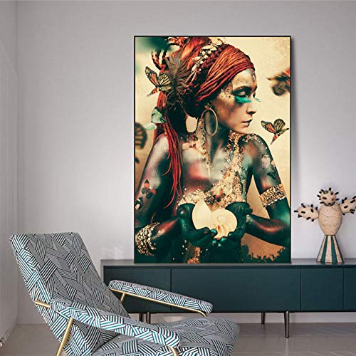 HONGC Leinwand Kunst Afrikanische Frau mit Schmetterling Poster Und Drucke Moderne Bunte Mädchen Gemälde an der Wand Kunst Bilder Wohnkultur 50x70cm Mit Rahmen von HONGC