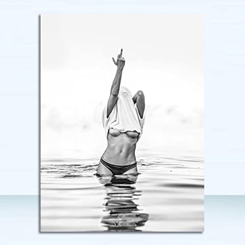 HONGC Leinwand Malerei Wandkunst Frau Bilder Wohnzimmer Dekor Schwarz Weiß Poster Sexy Mittelfinger Poster Malerei 35x55cm Kein Rahmen von HONGC