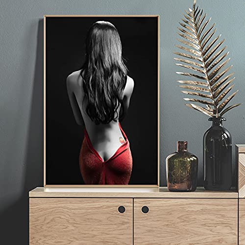 HONGC Leinwandbild Sexy Rotes Kleid Frau Leinwand Malerei Mode Nackt Schönheit Wandkunst Poster Drucken Moderne Kunst Bilder Für Wohnzimmer Wohnkultur 60x80cm/23,6"x 31,4" Kein Rahmen von HONGC