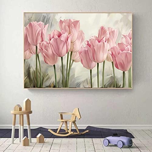 HONGC Wandbilder, Tulpenpflanze, rosa Blumen, Leinwandgemälde, Landschaft, Poster und Drucke, Bild für Wohnzimmer, Heimdekoration, 40 x 60 cm (16 x 24 Zoll), rahmenlos von HONGC
