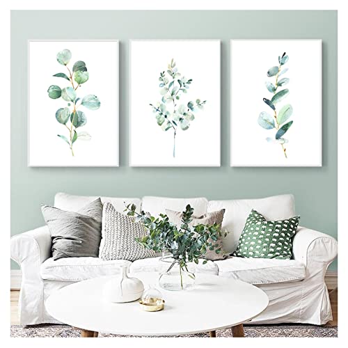 Leinwand Malerei Blatt Botanisch Grün Blätter Kunst Malerei Grün Wild Poster Home Wandkunst Dekor Aquarell Druck Blumen 55x75cmx3 Kein Rahmen von HONGC