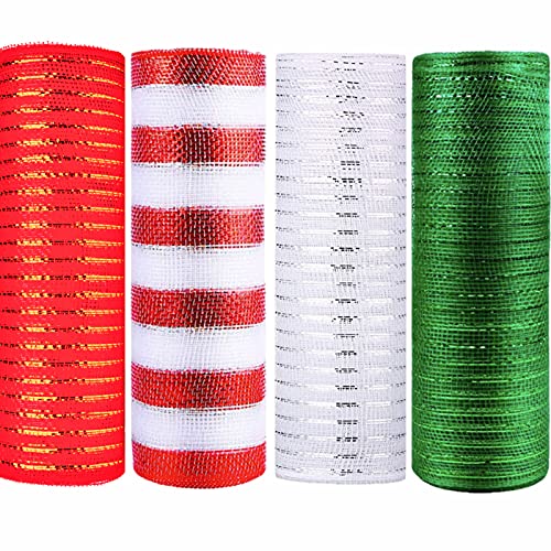 4 Rollen 10 Zoll x 10 Yards Deco Poly Mesh Ribbon - Metallic Folie Deco Poly Mesh Set für Kunsthandwerk,Kränze,Beute,Schleifen und Girlanden (Rote/weiß/grüne/weiße Streifen) von HONGCI