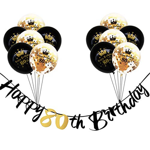 Dekoration zum 80. Geburtstag für Männer und Frauen – Schwarz und Gold Happy 80th Birthday Banner Wimpelkette, 12 Stück Luftballons zum 80. Geburtstag, Konfetti-Latex-Ballon für Männer und Frauen, Ihn von HONGCI