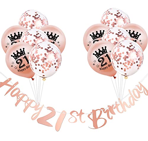 Dekorationen zum 21. Geburtstag für Mädchen – Roségold "Happy 21st Birthday", Wimpelkette, 12 Luftballons zum 21. Geburtstag, rotgoldener Konfetti-Latex-Ballon für Mädchen, Kinder, zum 21. Geburtstag, von HONGCI