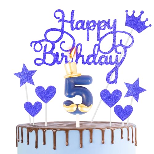 Happy 5th Birthday Cake Topper & Birthday Candle Blue Number 5 Candle for Birthday Cake - 5th Birthday Candle Cake Cupcake Topper Birthday Cake Decorations for Boys Birthday Blue von HONGCI