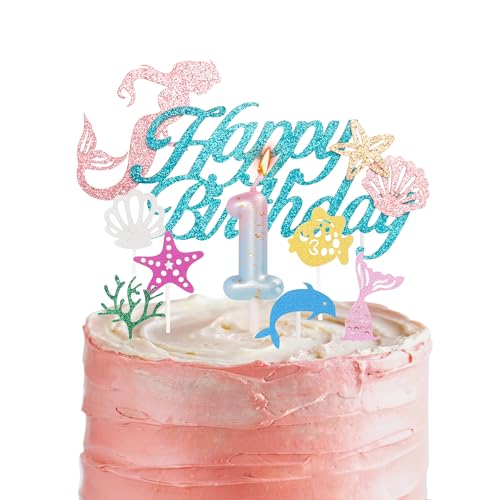 Meerjungfrau-Kuchenaufsätze und Kerze zum 1. Geburtstag für Mädchengeburtstag, blau-rosa Kerze für Geburtstagskuchen und Meerjungfrauen-Thema, 1. Geburtstag, Party, Kuchendekoration, Dekoration für von HONGCI