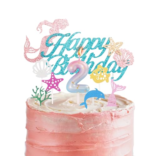 Meerjungfrau-Kuchenaufsätze und Kerze zum 2. Geburtstag für Mädchengeburtstag, blau-rosa Zahl 2 Kerze für Geburtstagskuchen und Meerjungfrauen-Thema, 2. Geburtstag, Party-Kuchenaufsätze, Dekorationen von HONGCI