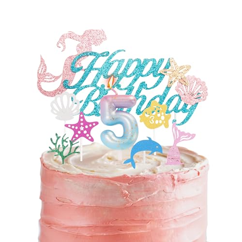 Meerjungfrau-Kuchenaufsätze und Kerze zum 5. Geburtstag für Mädchengeburtstag, blau-rosa Kerze mit Zahl 5, für Geburtstagskuchen und Meerjungfrauen-Thema, 5. Geburtstag, Party-Kuchenaufsätze, von HONGCI