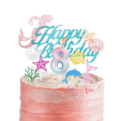Meerjungfrau-Kuchenaufsätze und Kerze zum 8. Geburtstag für Mädchengeburtstag, blau-rosa Kerze mit Zahl 20.3 cm für Geburtstagskuchen und Meerjungfrauen-Thema, 8. Geburtstag, Party-Kuchenaufsätze, von HONGCI