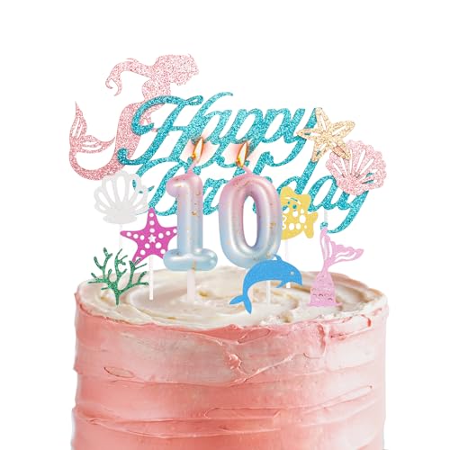 Meerjungfrau-Kuchenaufsätze und Kerzen zum 10. Geburtstag für Mädchengeburtstag, blau-rosa Zahl 10, Kerzen für Geburtstagskuchen und Meerjungfrauen-Thema, 10. Geburtstag, Party, Kuchendekoration, von HONGCI
