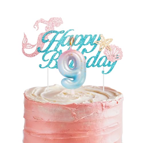 Meerjungfrau-Kuchenaufsatz und Kerze zum 9. Geburtstag für Mädchengeburtstag, blau-rosa Kerze mit Zahl 9 für Geburtstagskuchen und Meerjungfrauen-Thema, 9. Geburtstag, Party, Kuchendekoration, von HONGCI
