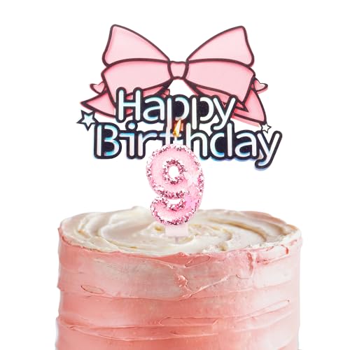 Rosa Schleife Happy 9th Birthday Cake Topper, 9. Geburtstag Kerze Rosa Zahl 9 Kerze für Geburtstagskuchen – Personalisierte Mädchen Alter 9 Kuchen Topper & Kerze, 9. Geburtstag Kuchendekorationen für von HONGCI