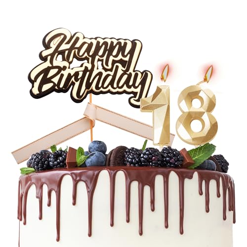 Tortenaufsatz "Happy 18th Birthday", Kerzen zum 18. Geburtstag, Schwarz / Gold, Zahl 18, Kerzen für Geburtstagskuchen, personalisierbar zum 18. Geburtstag, Kuchendekorationen für Mädchen und Sie von HONGCI