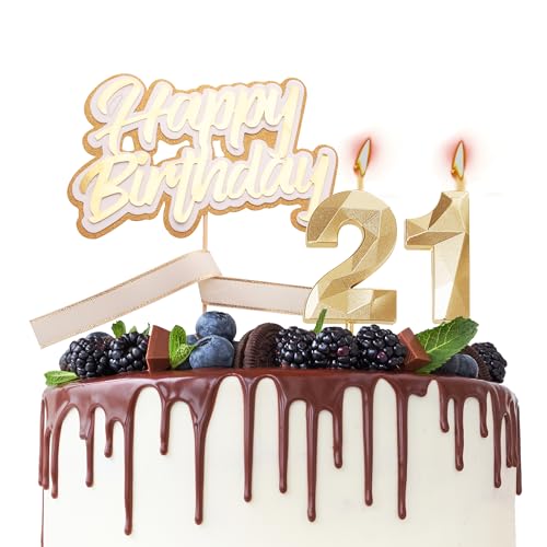 Tortenaufsatz "Happy 21st Birthday", Kerzen zum 21. Geburtstag, goldene Zahl 21, Kerzen für Geburtstagskuchen, personalisierbar, 21. Geburtstag, Kuchendekorationen für Frauen von HONGCI