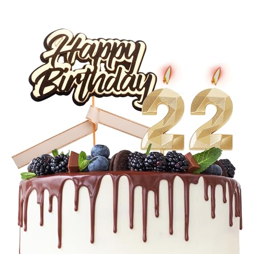 Tortenaufsatz "Happy 22th Birthday", Kerzen zum 22. Geburtstag, Schwarz / Gold, Zahl 22, Kerzen für Geburtstagskuchen, personalisierbar, 22. Geburtstag, Kuchendekorationen für Frauen von HONGCI