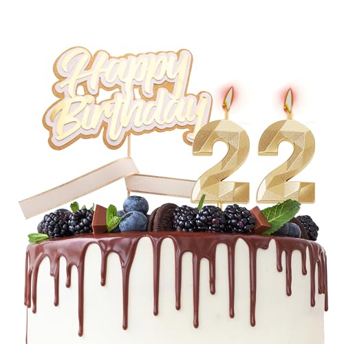 Tortenaufsatz "Happy 22th Birthday", Kerzen zum 22. Geburtstag, goldene Zahl 22, Kerzen für Geburtstagskuchen, personalisierbar, 22. Geburtstag, Kuchendekorationen für Frauen von HONGCI