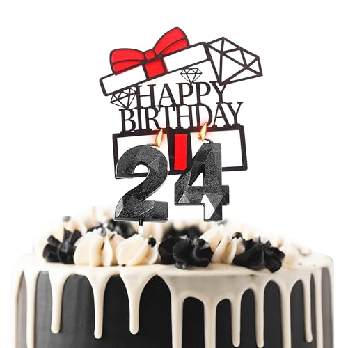 Tortenaufsatz "Happy 24th Birthday", Kerzen zum 24. Geburtstag, schwarze Zahl 24, Kerzen für Geburtstagskuchen, personalisierbar, 24. Geburtstag, Kuchendekorationen für Frauen von HONGCI