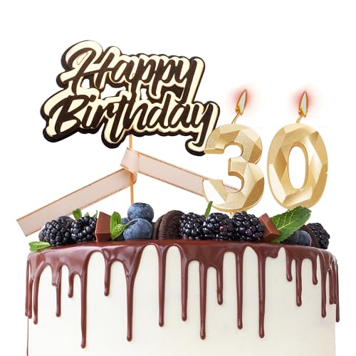Tortenaufsatz "Happy 30th Birthday", Kerzen zum 30. Geburtstag, Schwarz / Gold, Zahl 30, Kerzen für Geburtstagskuchen, personalisierbar, 30. Geburtstag, Kuchendekoration für Frauen von HONGCI