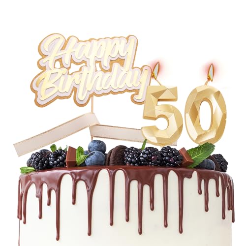 Tortenaufsatz "Happy 50th Birthday", Kerzen zum 50. Geburtstag, goldene Zahl 50, Kerzen für Geburtstagskuchen, personalisierbar, 50. Geburtstag, Kuchendekoration für Frauen von HONGCI