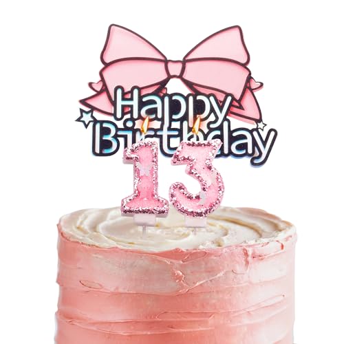Tortenaufsatz zum 13. Geburtstag, rosa Schleife, Kerzen zum 13. Geburtstag, Kerzen für Geburtstagskuchen, personalisierbar, für Mädchen, 13. Geburtstag, Kuchendekoration für Mädchen von HONGCI