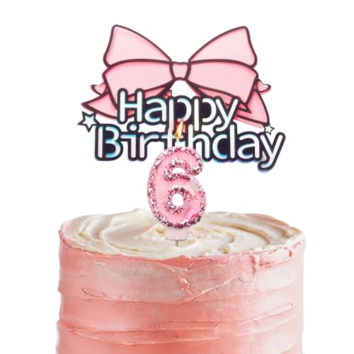 Tortenaufsatz zum 6. Geburtstag, rosa Schleife, 6. Geburtstag, Kerze für Geburtstagskuchen, personalisierbar, für Mädchen, 6. Geburtstag, Kuchendekoration für Mädchen von HONGCI