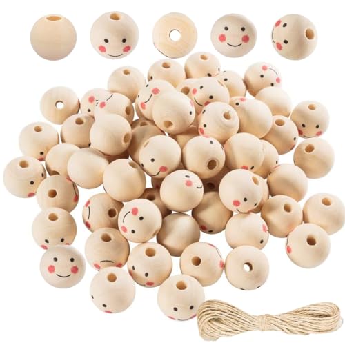 50 Stück Holzperlen Mit Gesicht, Perlen Mit Gesicht, Smile Face Beads, Gesicht Holzperlen, Holzkugeln Mit Gesicht, Auffädeln Holzperlen Rund, Holzperlen Für Diy Handwerk, Halskettenherstellung (Smile) von HONGECB