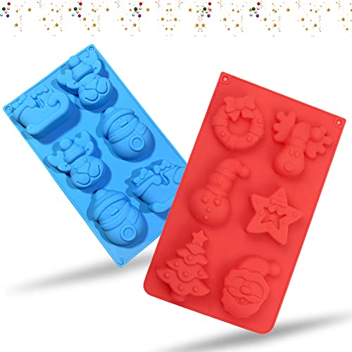 SUNCHE Weihnachten Silikonformen, 3D Silikon Seifenformen, DIY Silikonform Werkzeuge, 6-Cavity Weihnachts Fondant Formen - mit Form von Schneemann Rentier Schlitten, für Kuchen Backen, 2 Stück(A) von HONGECB