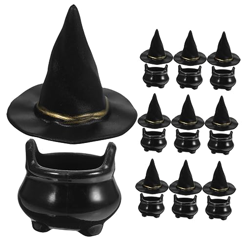 HONMEET 10 Sätze Halloween-hexenhut Dekor Miniaturkessel Halloween-miniaturfiguren Halloween-puppenhaus Mini-kessel Miniatur-puppenhut Halloween-miniatur-kesseltöpfe Mini-hut Plastik Black von HONMEET