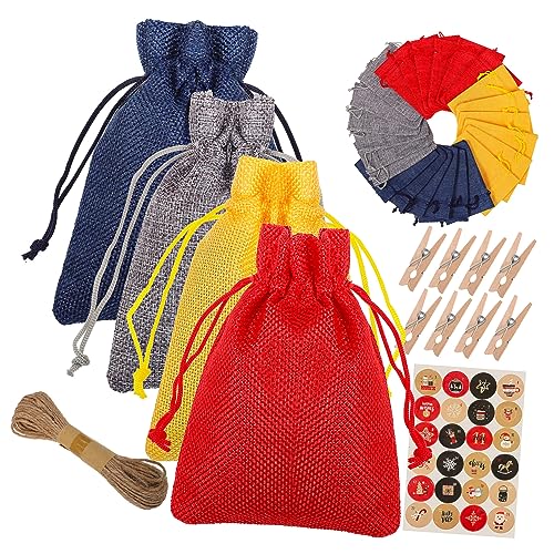 HONMEET 24 Sets Weihnachts Leinenbeutel Set 24 Stück Weihnachtstüten Weihnachtstüten Weihnachts Adventskalender Beutel Jute Weihnachtssack Süßigkeitentüten Bonbontüten von HONMEET