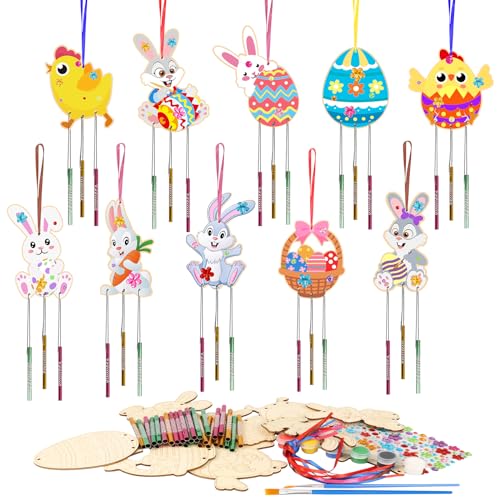 HONMOK 10pcs Ostern Windspiel Bastelset, Ostern Basteln Holz mit Osterhase Osterküken Osterier, Osterwindspiel mit Acrylfarbe, Osternbasteln zum Bemalen, Osterndeko Geschenk für Frühling Mädchen Junge von HONMOK