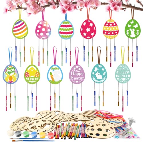 HONMOK 12 Stück Ostern Windspiel Bastelset Kinder, Ostereier Basteln Holz mit Acrylfarbe, Ostern Eier Osterbasteln, Osterwindspiel Dekorieren, Ostern Windspiel Deko für Party, Happy Easter zum Bemalen von HONMOK