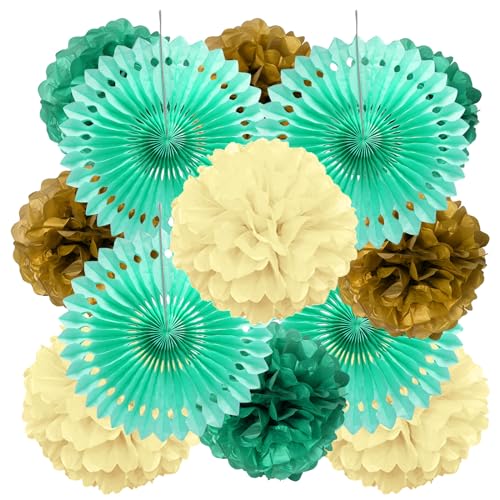 HONMOK Pompons Deko 12 Stück Grün Beige Gold Seidenpapier Pompoms Hochzeit Party Dekoration Grün Pom Poms Mintgrün Papierfächer für Vintage Hochzeit Deko Brautdusche Babypartys Taufe Geburtstag von HONMOK