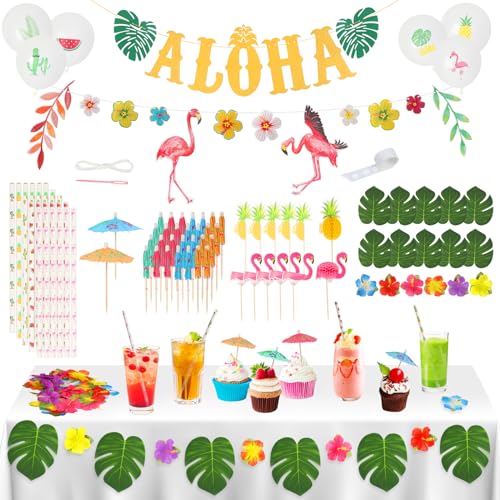 HONMOK Hawaii Party Deko 128pcs Tropische Party Dekoration Set mit Hawaiian Luau Aloha Banner Girlanden Luftballons Hawaiianische Blumen Palmblätter für Sommer Strand Tiki Party Foto Requisiten von HONMOK