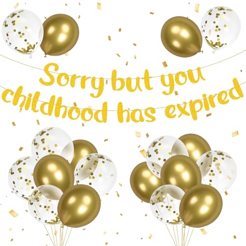 HONMOK 18 und 21 Geburtstag Dekorationen für Jungen Mädchen, Sorry But Your Childhood Has Expired Gold Glitter Banner 18 oder 21 Geburtstag Banner mit Luftballons, Abschlussfeier Dekorationen für Sie von HONMOK