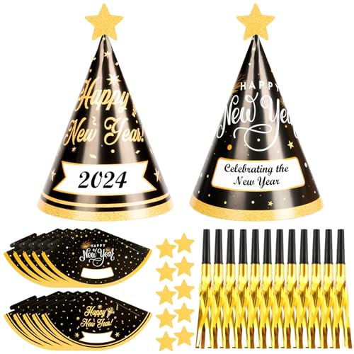 HONMOK 24 Stück Silvester Partyhüte 2025 Neujahr Hüte Schwarz Gold Frohes Neues Jahr Hüte mit Partytröten Silvester Accessoires Happy New Year Foto Requisiten für Erwachsene Kinder Neujahr Party von HONMOK