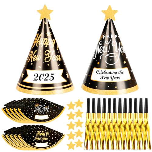 HONMOK 24 Stück Silvester Partyhüte 2025 Neujahr Hüte Schwarz Gold Frohes Neues Jahr Hüte mit Partytröten Silvester Accessoires Happy New Year Foto Requisiten für Erwachsene Kinder Neujahr Party von HONMOK