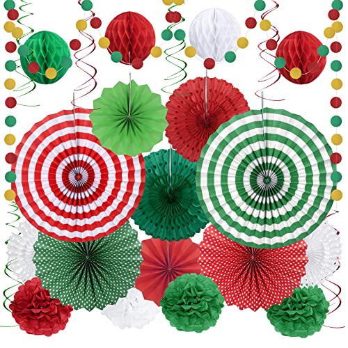 HONMOK 27 Stück Weihnachten Party Dekorationen Rot Grün Papierfächer Papier Wabenbälle Punkt Girlande Weihnachtsdeko Spirale für Weihnachtsfeier Xmas Deko Neujahr Silvester Party von HONMOK