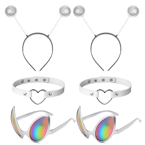 HONMOK 6 Stück Alien Brille Martian Antenne Stirnband Alien Headband Boppers mit Weiß Leder Halsband Alien Kostüm Zubehör Foto Requisiten für Halloween Karneval Fasching Erwachsene Kinder von HONMOK