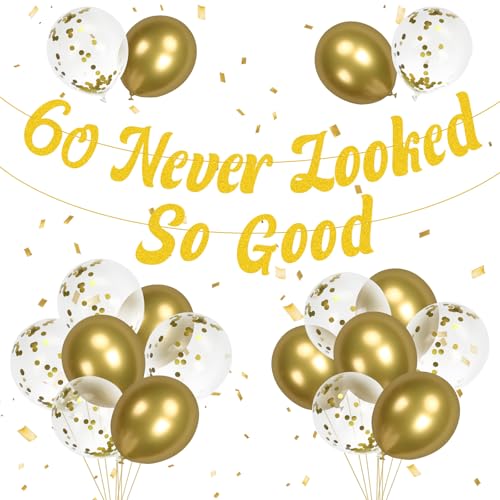 HONMOK 60 Geburtstag Dekorationen für Männer Frauen, 60 Never Looked So Good Gold Glitter Banner 60 Geburtstag Banner mit Folienballons, 60 Jahre Jubiläum Geburtstag Wimpelkette Dekorationen Supplies von HONMOK