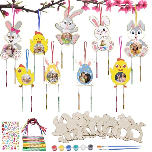 HONMOK 9 Stück Ostern Fotorahmen Windspiel Bastelset Kinder Ostern Basteln Holz Ostereier Osterküken Osterhasen Bilderrahmen zum Basteln und Bemalen DIY Bastelhandwerk für Osterdeko Frühling von HONMOK